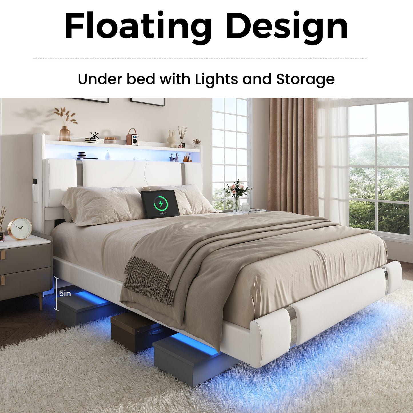 NEGYLIM Floating Bed Frame Full Size with LED Lights, Easy to Assemble, Metal Platform Bed with Storage Headboard, No Box Spring Needed, White