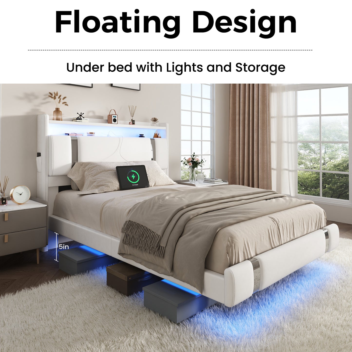NEGYLIM Floating Bed Frame Twin Size with LED Lights, Easy to Assemble, Metal Platform Bed with Storage Headboard, No Box Spring Needed, White