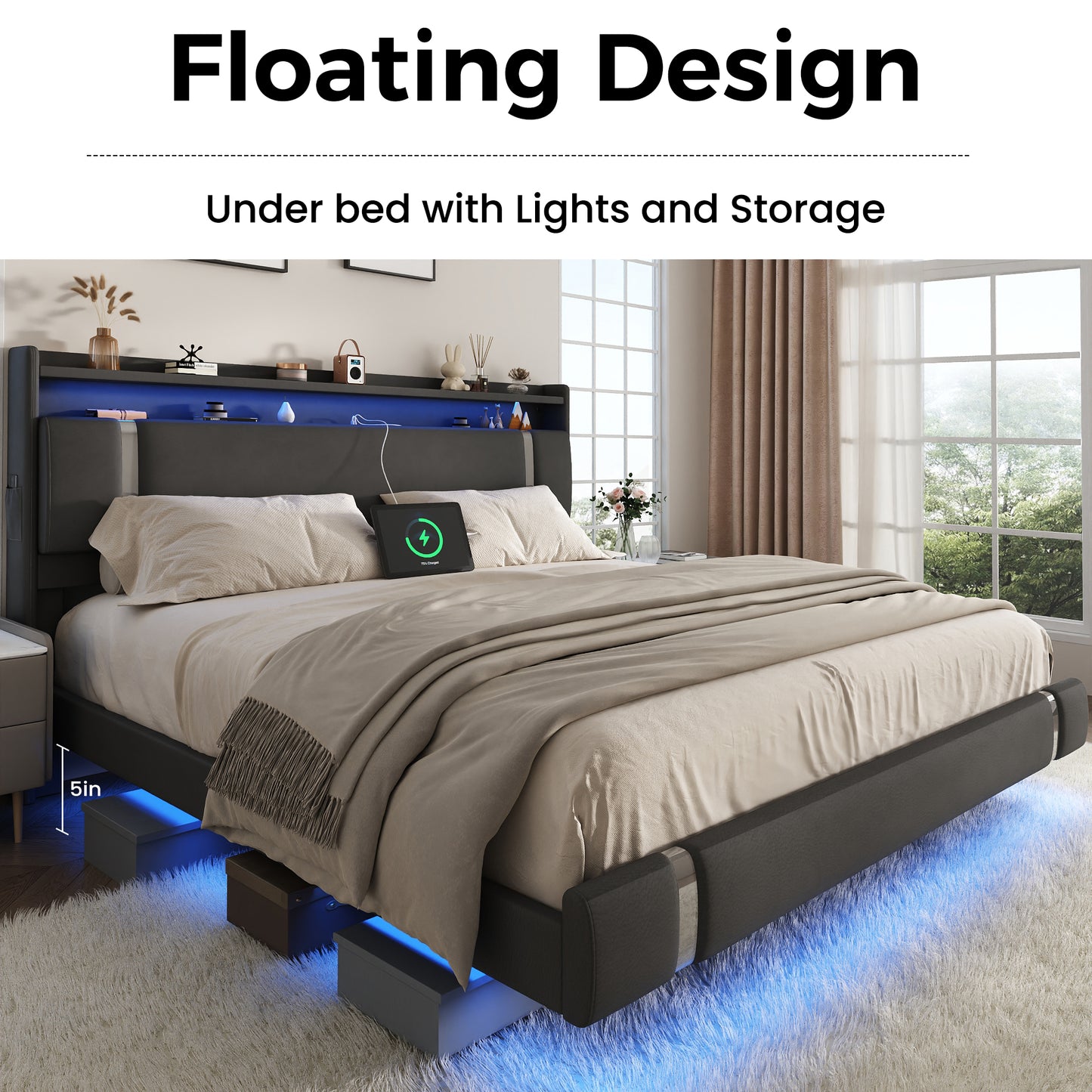 NEGYLIM Floating Bed Frame King Size with LED Lights, Easy to Assemble, Metal Platform Bed with Storage Headboard, No Box Spring Needed, White