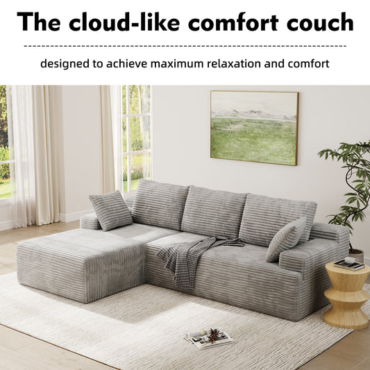 104" Modular L-Shaped Sectional Sofa, No Assembly Required Boneless Sofa with Chaise, High Resilience Foam & Corduroy Fabric, for Living Room Bedroom,(Oyster White)