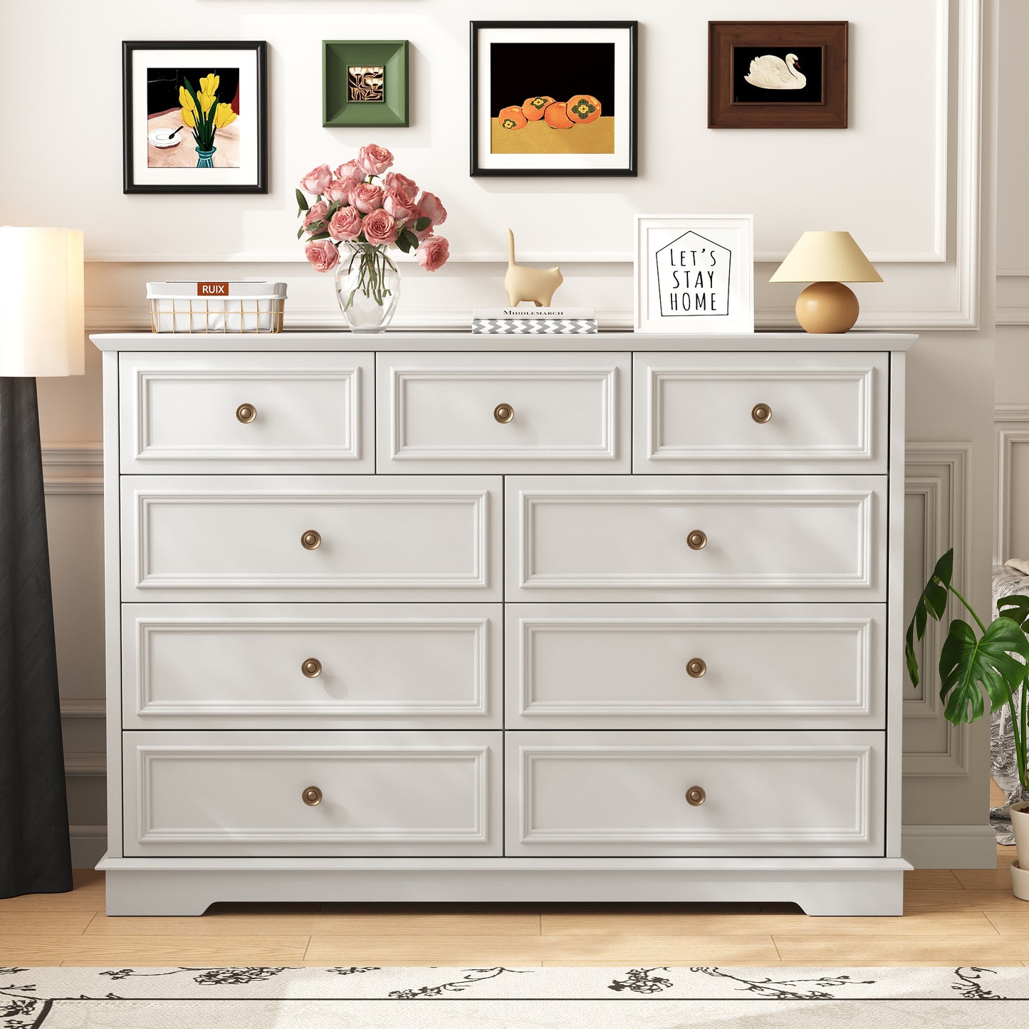 9 Drawer Dresser, Wood Chest of Drawers, Rustic-Style Dresser with Metal Handles, Tall Storage Dresser Organizer, Suitable for Bedroom, Closet, Living Room, Hallway and Entryway