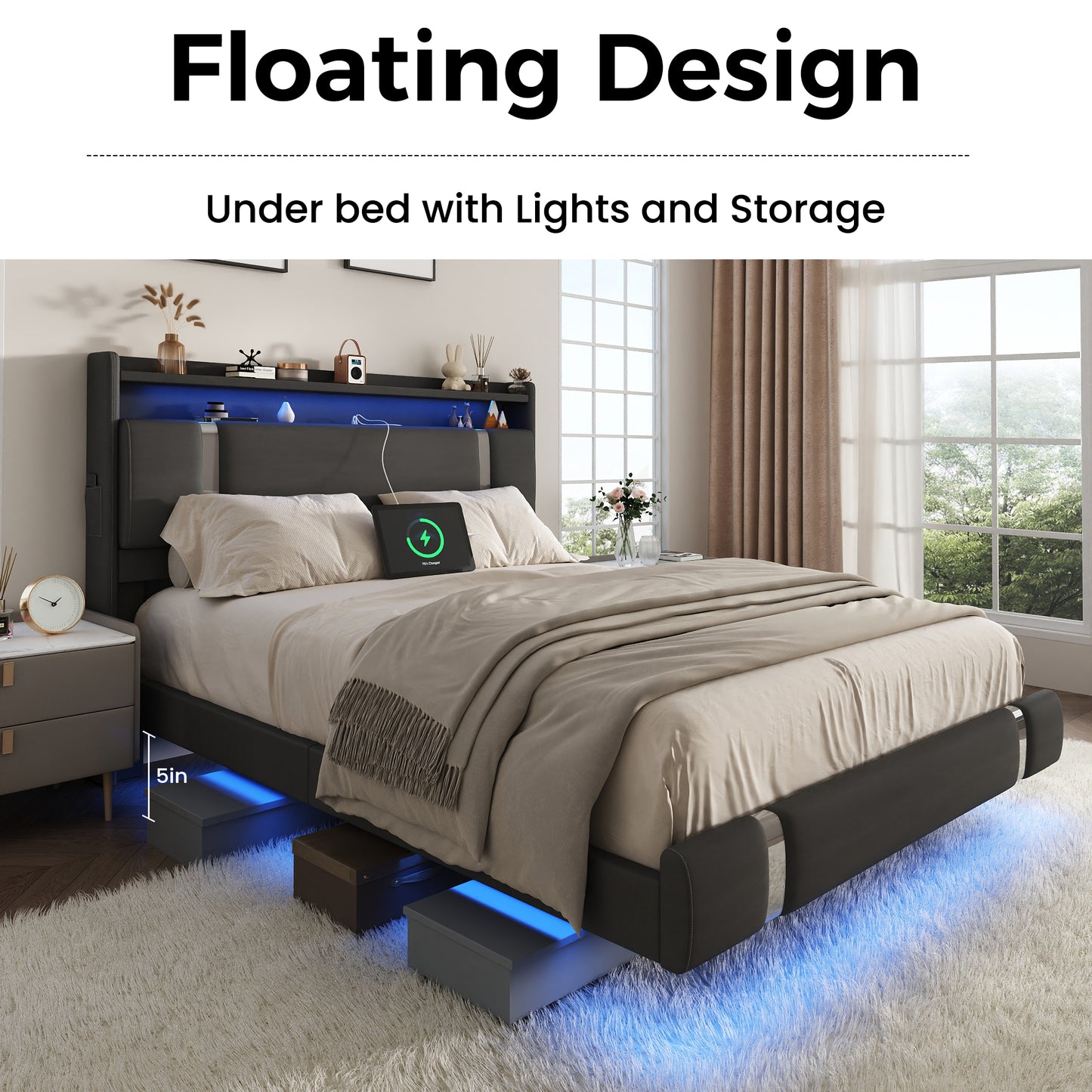 NEGYLIM Floating Bed Frame Full Size with LED Lights,Easy to Assemble, Metal Platform Bed with Storage Headboard, No Box Spring Needed, Black