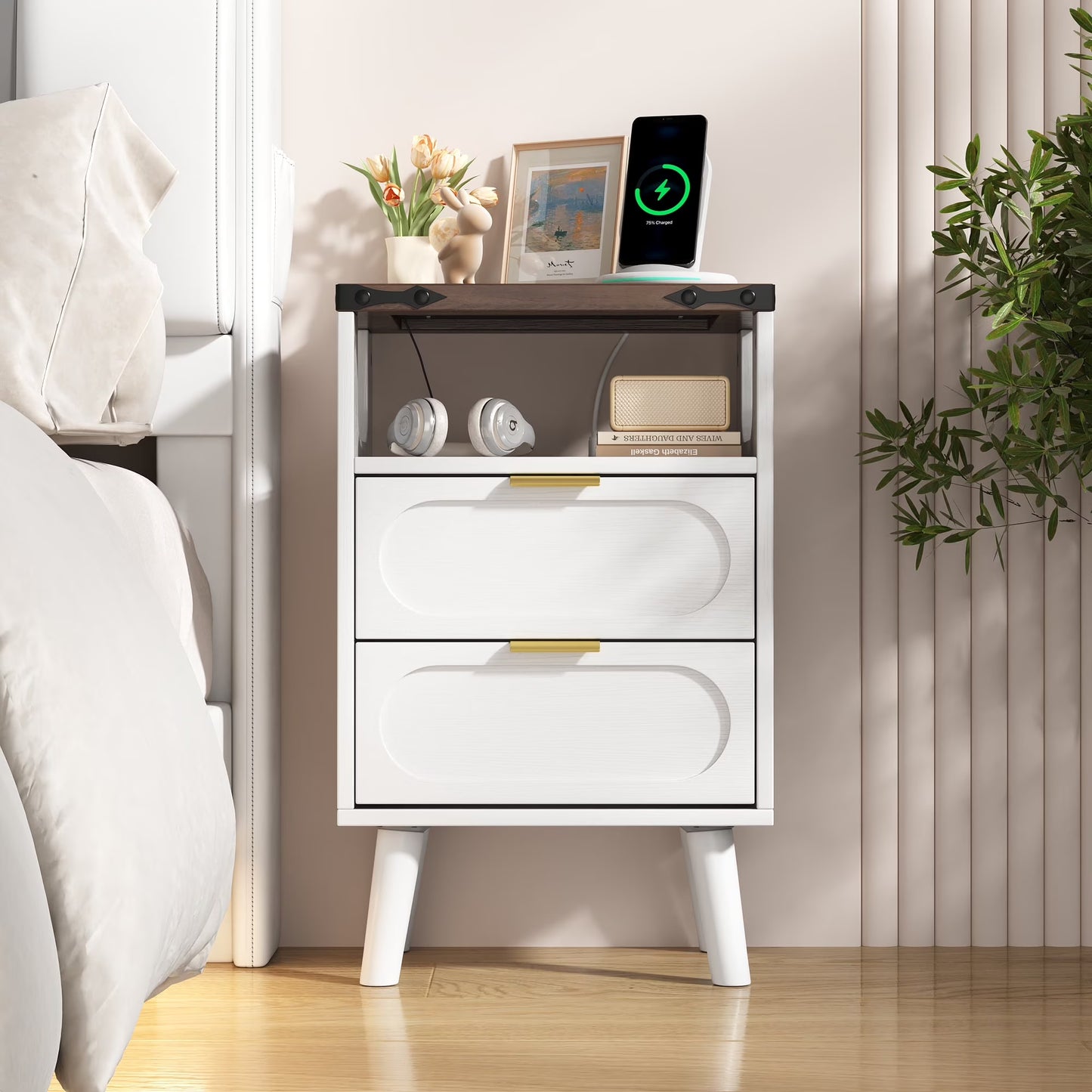Smart LED Nightstand with Charging Station | 2 Wooden Drawers & Storage Shelf | USB Ports & Outlets, White (Set of 2)
