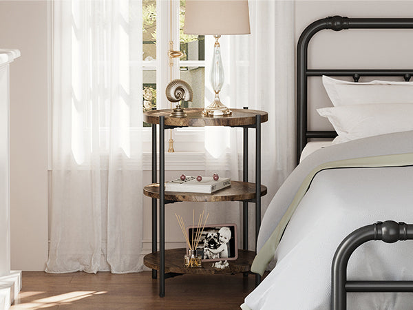 NEGYLIM End Side Table,Round Sofa Table with Metal Frame, 3-Tier Coffee Table Nightstand for Bedroom, Living Room, Nursery