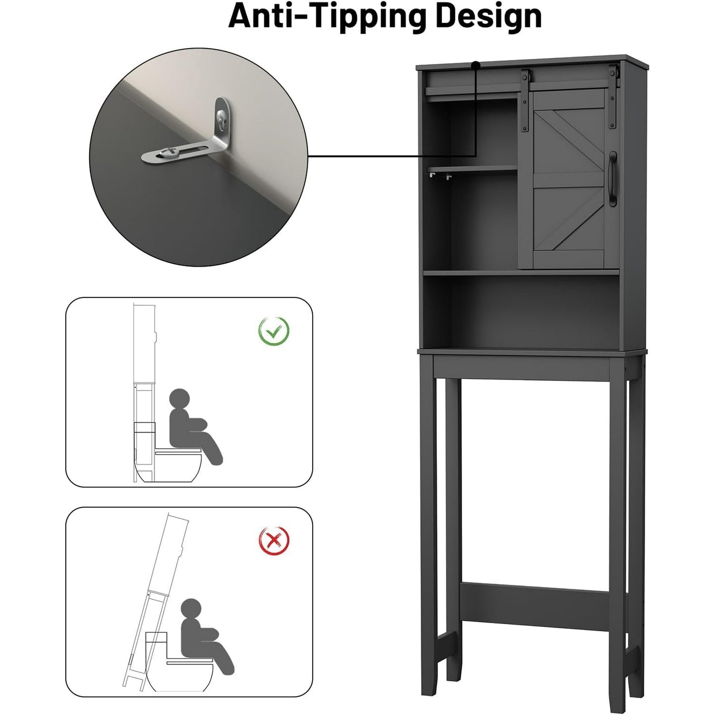 NEDGYLIM Over the Toilet Storage Cabinet with Sliding Barn Door, Anti-Tipping Design, Waterproof, Adjustable Shelves for Bathroom/Laundry Room Organization