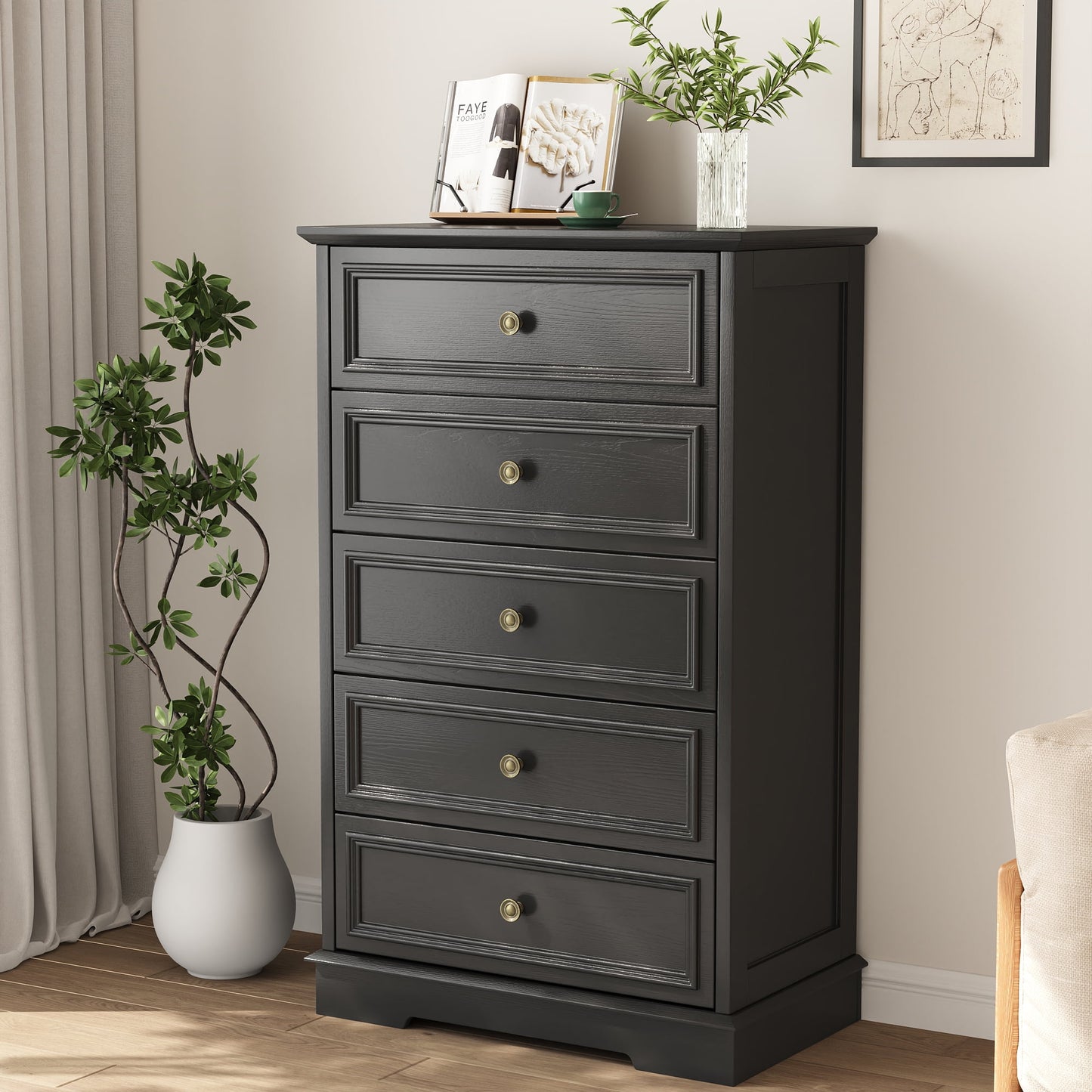 5 Drawer Dresser, Chest of Drawers for Bedroom, Modern Storage Cabinet Dresser Organizer Unit with Antique Bronze Round Handles for Living Room, Closet, Hallway, Entryway