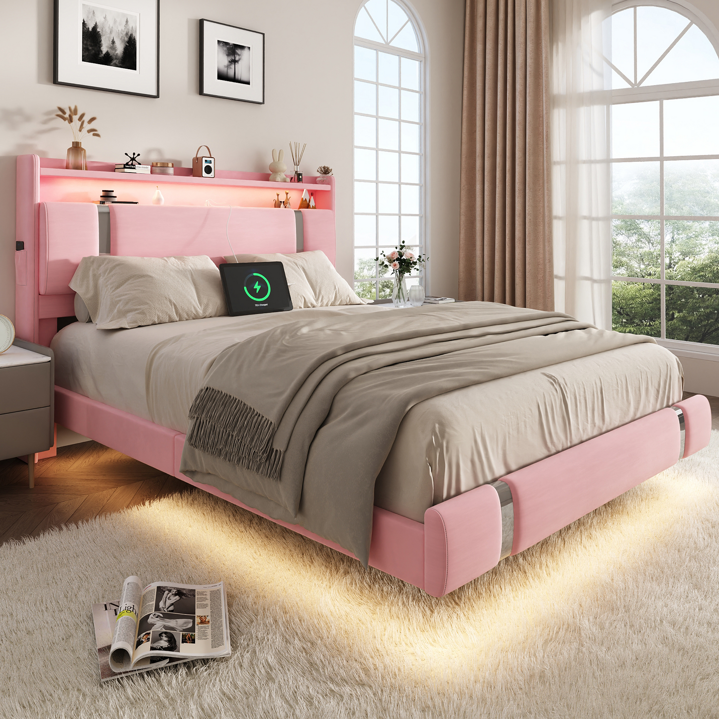 NEGYLIM Floating Bed Frame Twin Size with LED Lights, Easy to Assemble, Metal Platform Bed with Storage Headboard, No Box Spring Needed, Pink