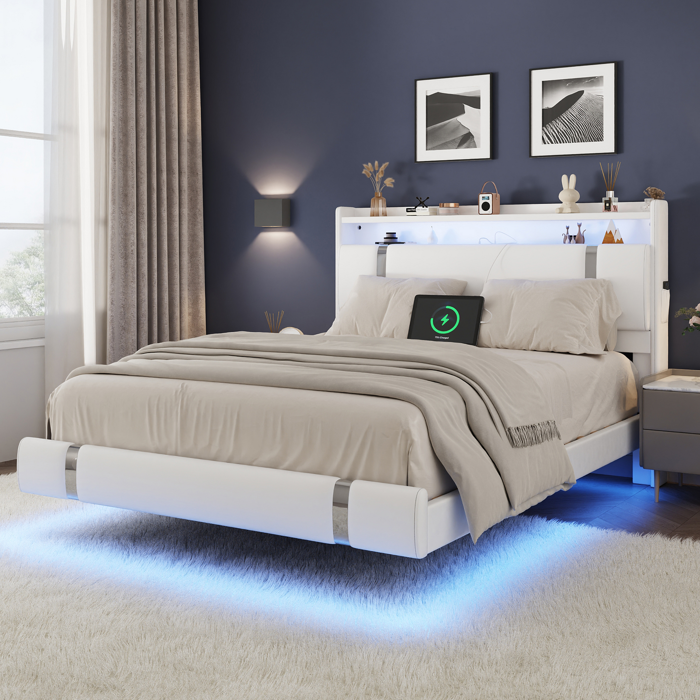 NEGYLIM Floating Bed Frame Full Size with LED Lights, Easy to Assemble, Metal Platform Bed with Storage Headboard, No Box Spring Needed, White
