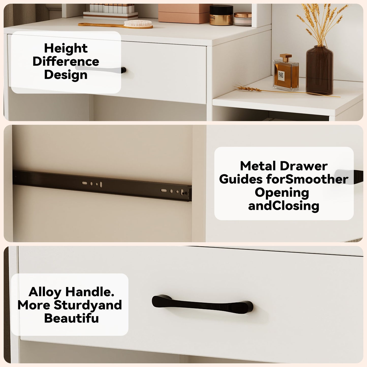 NEGYLIM Makeup Vanity Desk with LED Lights - 3 Color Adjustable, Large Storage Cabinet & Drawers, White Modern Vanity Table with Shelves for Bedroom