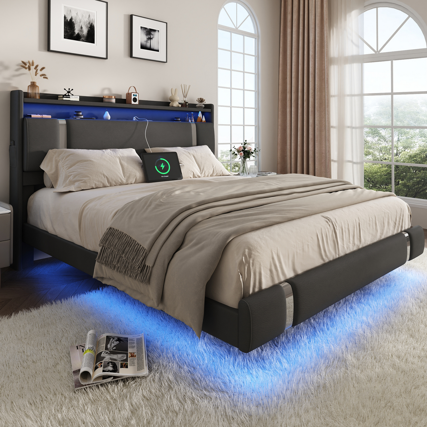 NEGYLIM Floating Bed Frame Queen Size with LED Lights, Easy to Assemble, Metal Platform Bed with Storage Headboard, No Box Spring Needed, Black