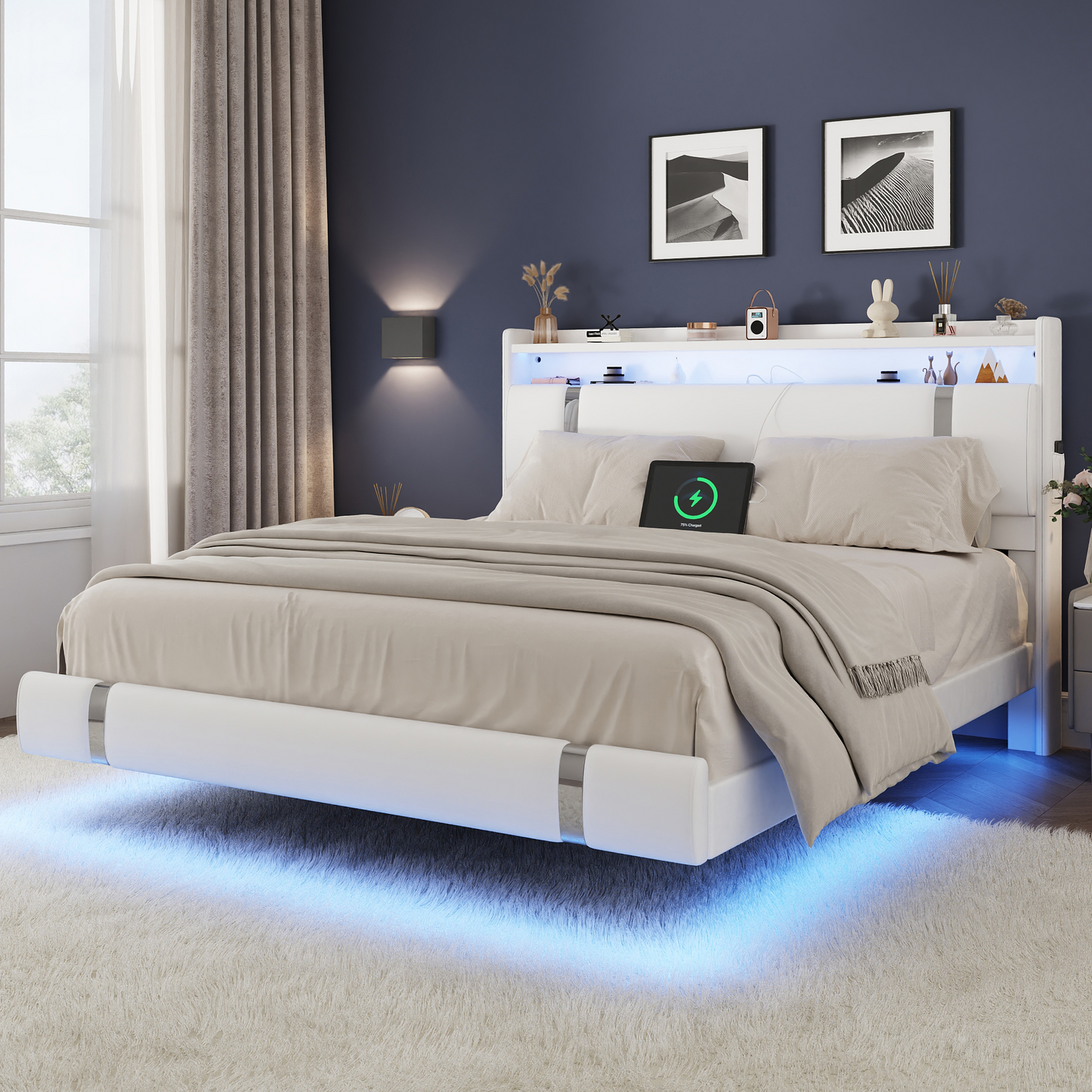 NEGYLIM Floating Bed Frame Queen Size with LED Lights, Easy to Assemble, Metal Platform Bed with Storage Headboard, No Box Spring Needed, White