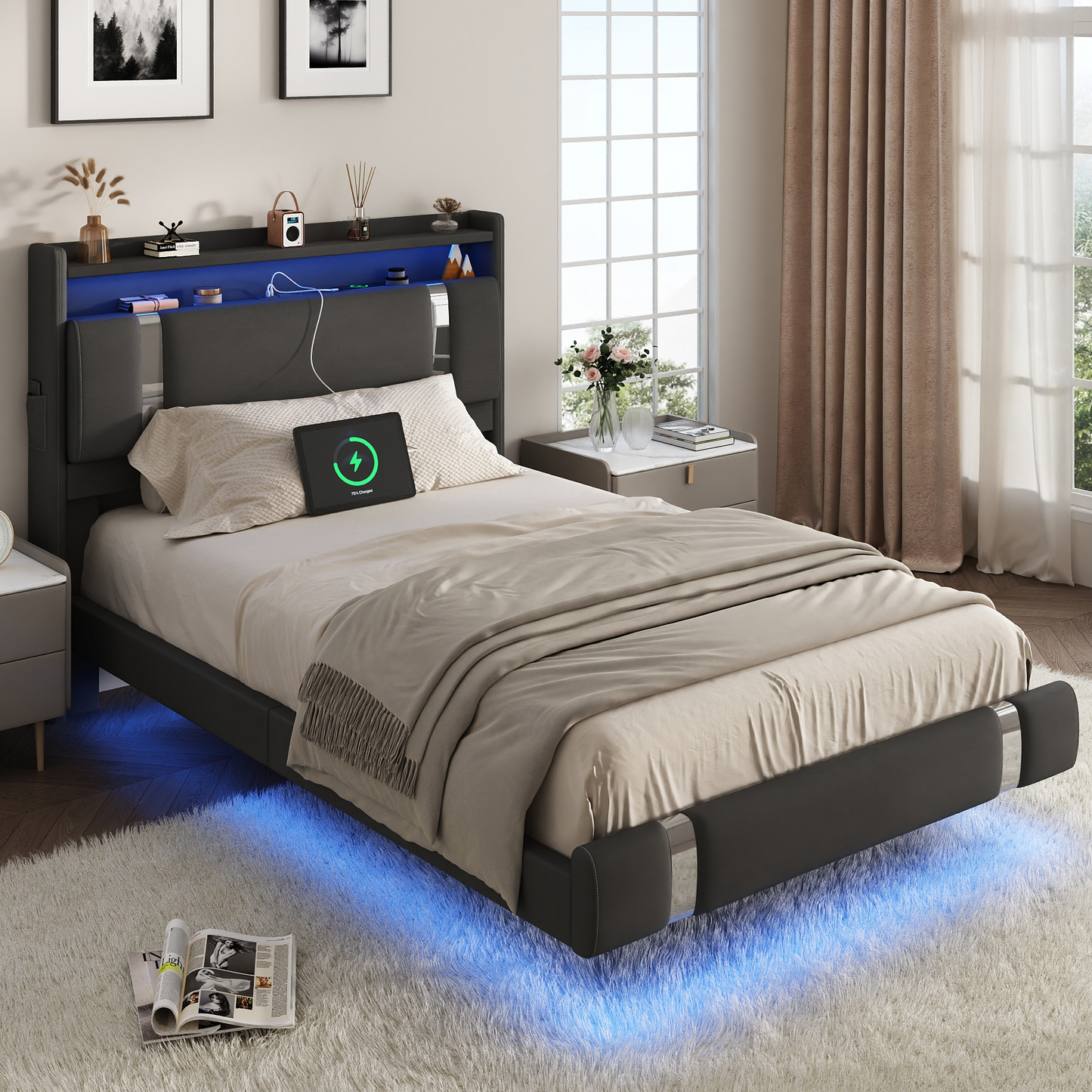 NEGYLIM Floating Bed Frame Twin Size with LED Lights, Easy to Assemble, Metal Platform Bed with Storage Headboard, No Box Spring Needed, Black