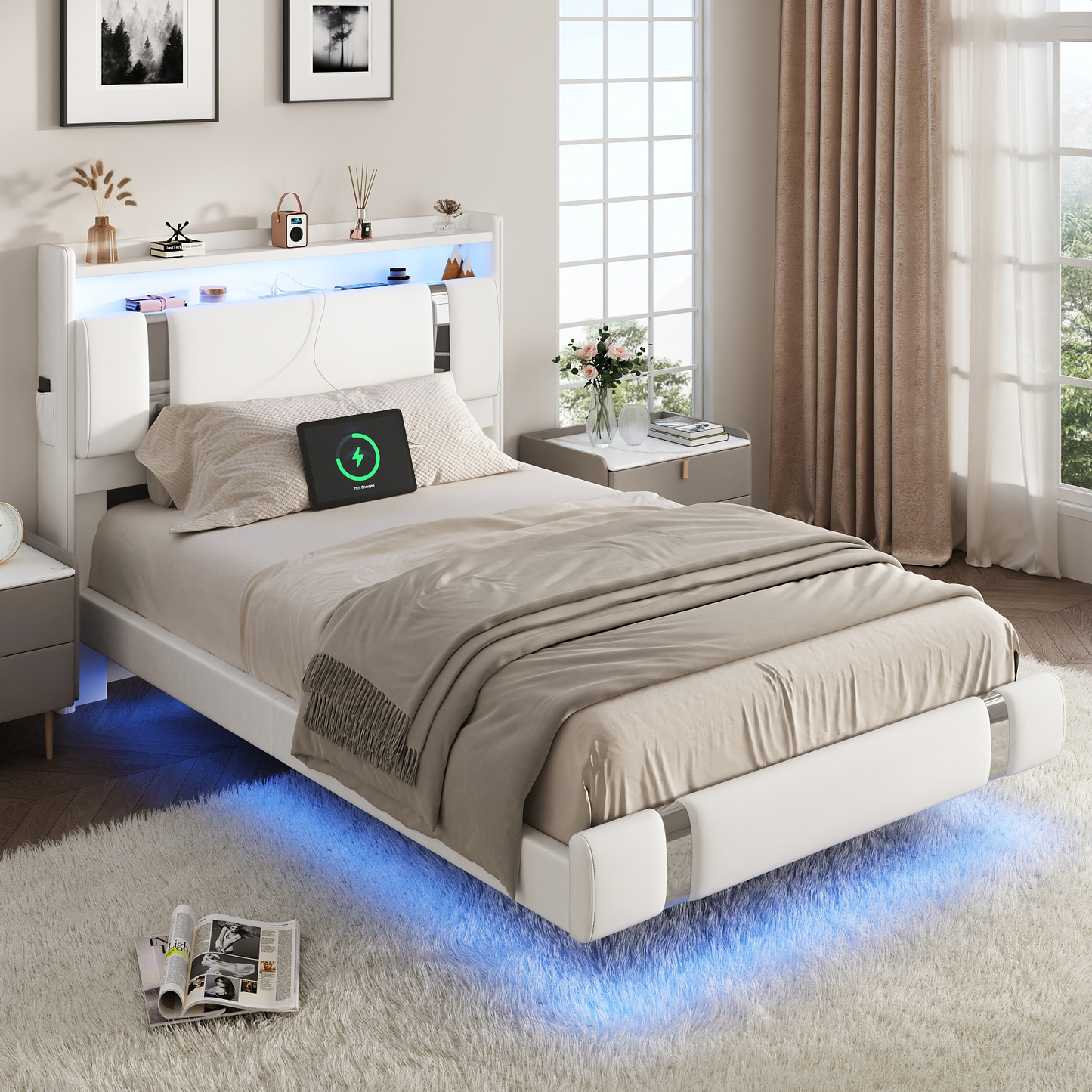 NEGYLIM Floating Bed Frame Twin Size with LED Lights, Easy to Assemble, Metal Platform Bed with Storage Headboard, No Box Spring Needed, White