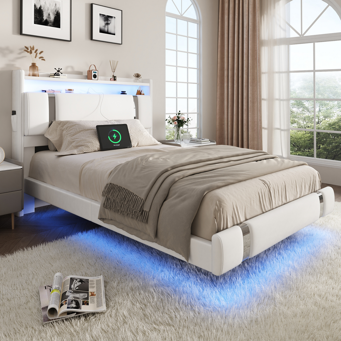 NEGYLIM Floating Bed Frame Twin Size with LED Lights, Easy to Assemble, Metal Platform Bed with Storage Headboard, No Box Spring Needed, White