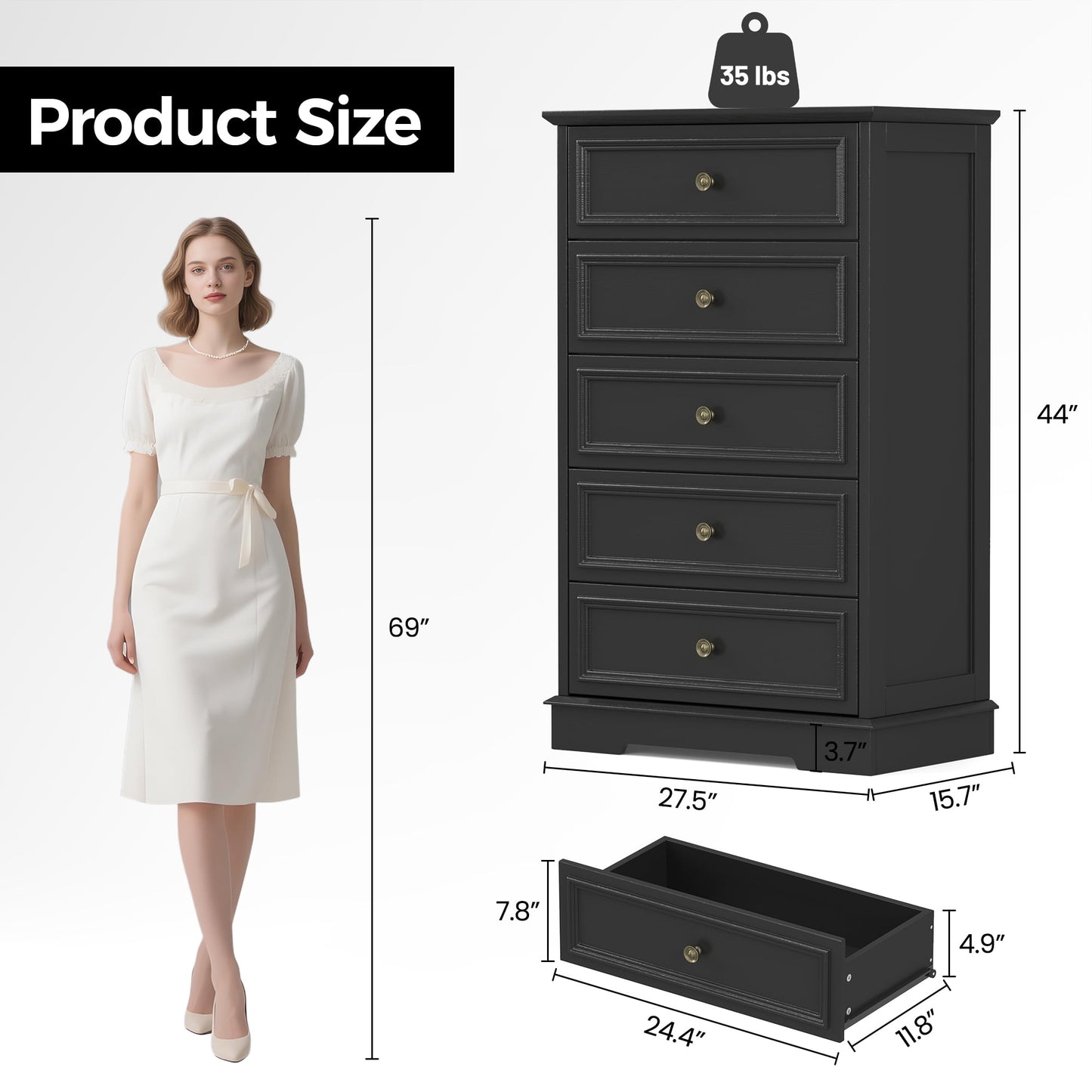 5 Drawer Dresser, Chest of Drawers for Bedroom, Modern Storage Cabinet Dresser Organizer Unit with Antique Bronze Round Handles for Living Room, Closet, Hallway, Entryway