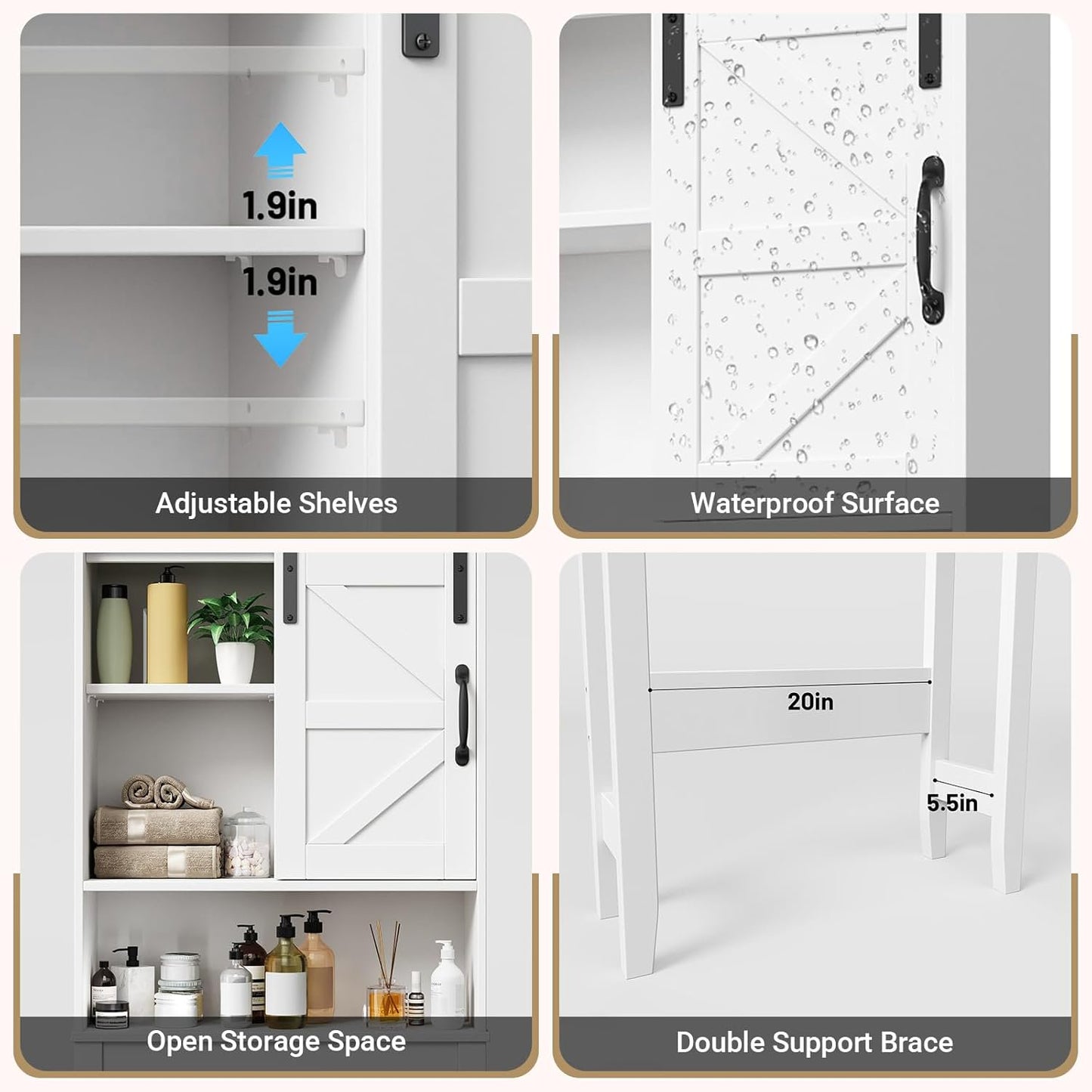 Over the Toilet Storage Cabinet with Sliding Barn Door, Anti-Tipping Design, Waterproof, Adjustable Shelves for Bathroom/Laundry Room Organization