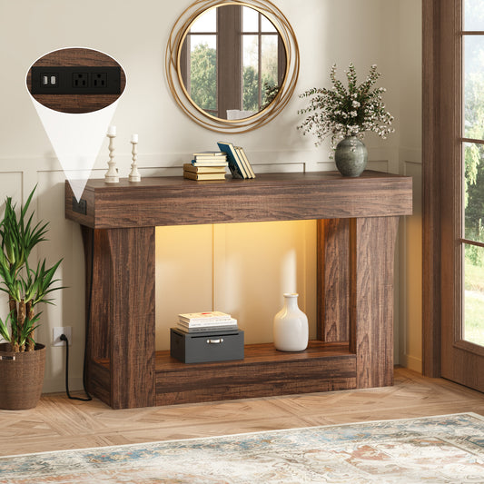 47" Console Table with Charging Station, Farmhouse Natural Entryway & Hallway Table for Living Room & Bedroom, Brown