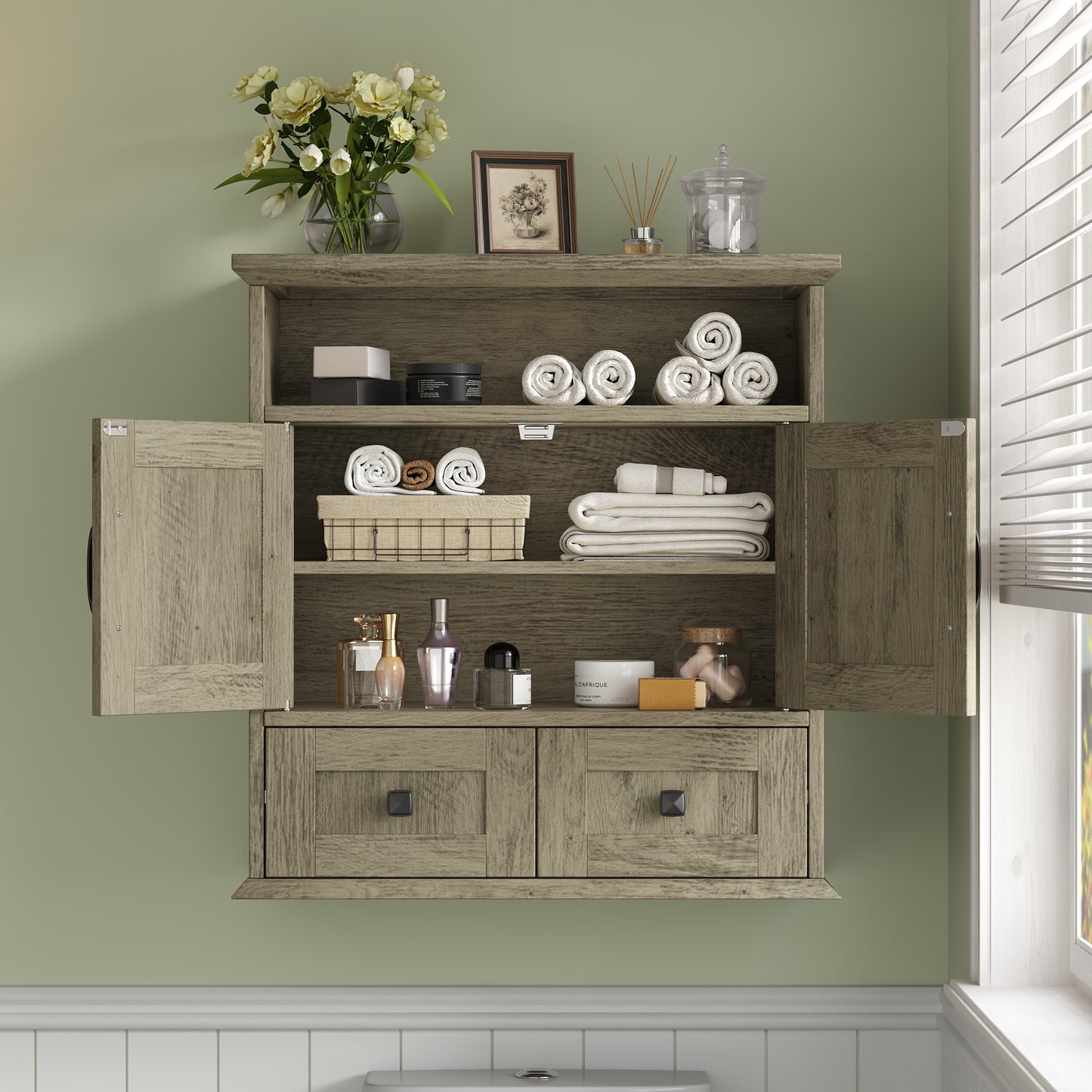 NEGYLIM Wall-Mounted Bathroom Cabinet with Barn Doors, Adjustable Shelf, 2 Drawers, Rustic Modern Style Storage Organizer for Toilet, Bathroom, Laundry Room
