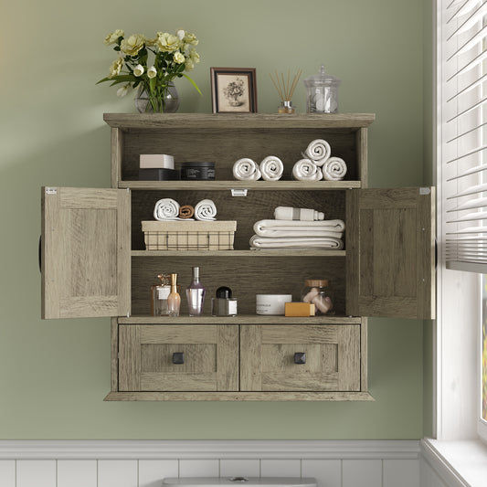 NEGYLIM Wall-Mounted Bathroom Cabinet with Barn Doors, Adjustable Shelf, 2 Drawers, Rustic Modern Style Storage Organizer for Toilet, Bathroom, Laundry Room