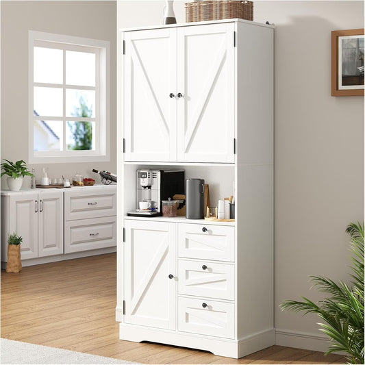 NEGYLIM 72" Tall Kitchen Pantry Storage Cabinet with Doors & Shelves, Farmhouse Rustic Wood Cupboard for Kitchen Dining Room Bathroom, White