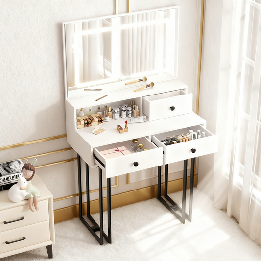 NEGYLIM Vanity with LED Lights and Mirror, White Makeup Vanity Desk with Drawers Dressing Tables Dresser Desk 3 Lighting Color Adjustable