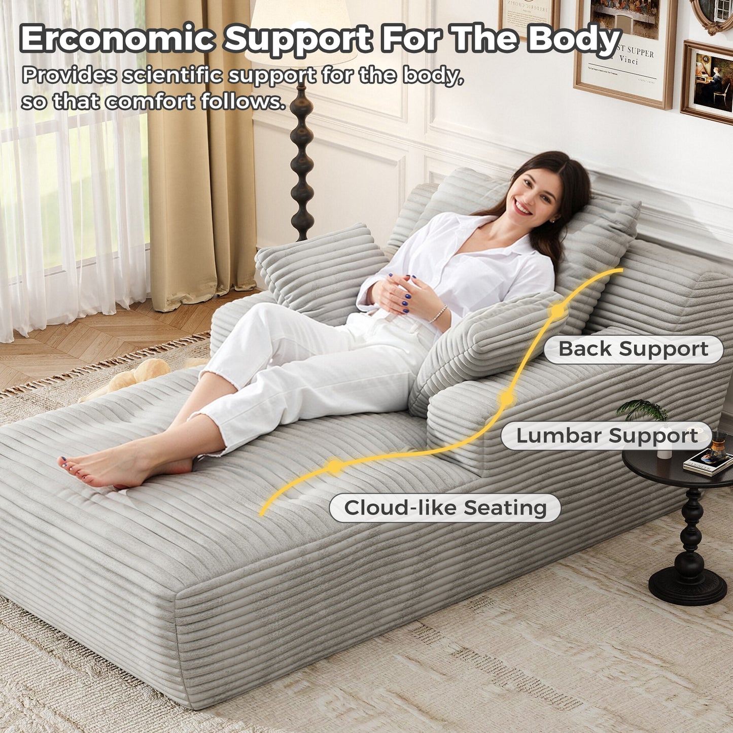 67'' Oversized Chaise Lounge Chair, Cloud Plush Corduroy Sofa Bed for Living Room, Modern Deep Seat Sleeper Couch with Back Cushion, No Assembly Required, (Oyster White)