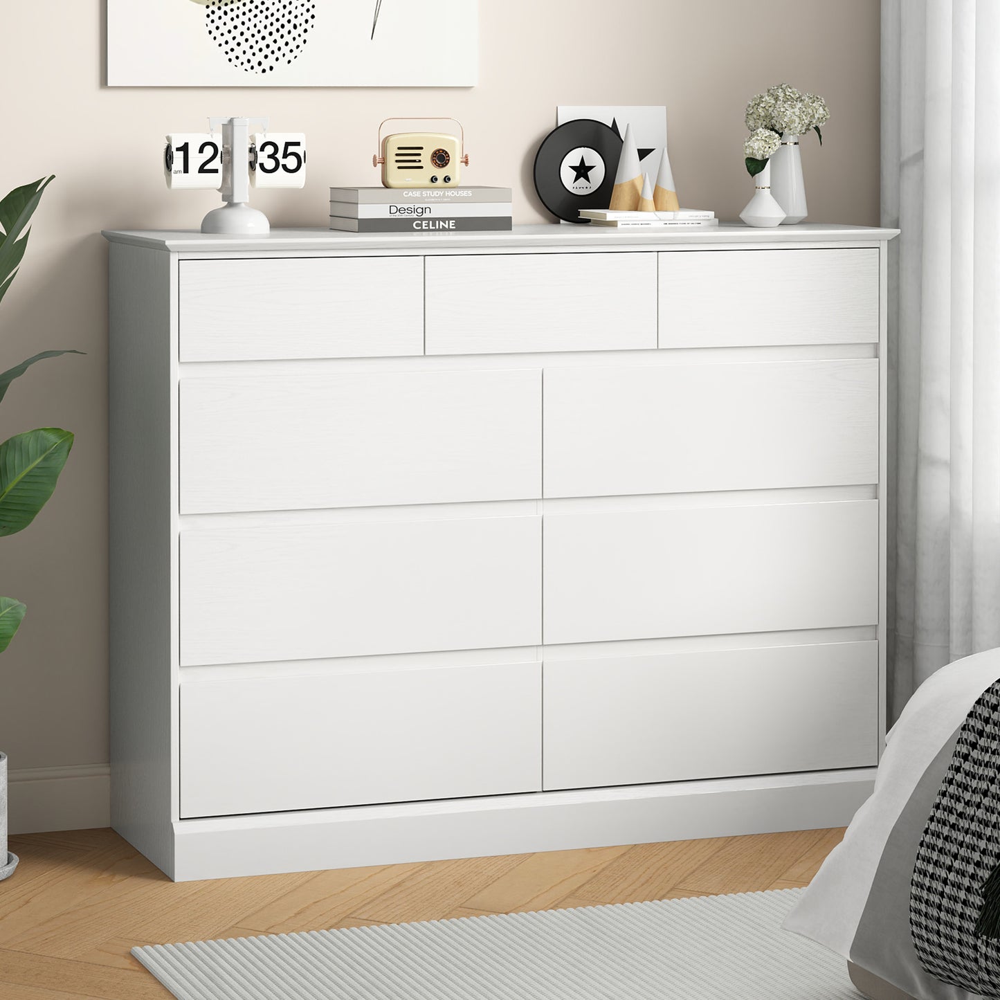 9 Drawers Dresser for Bedroom, Wood Chest of Drawers, Wide Closet Storage Dressers Organizer for Hallway, TV Stand for Living Room, White