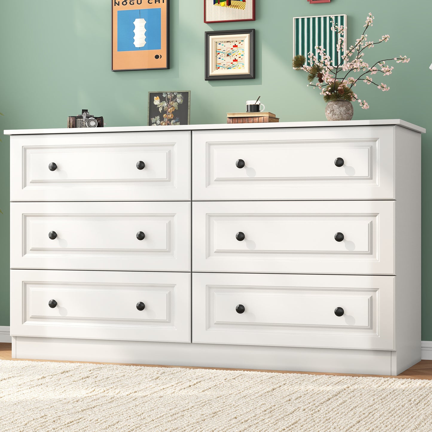 NEGYLIM 6-Drawer White Dresser, 47-inch Wide Chest for Bedroom Storage, Farmhouse Style with Anti-Tip Safety