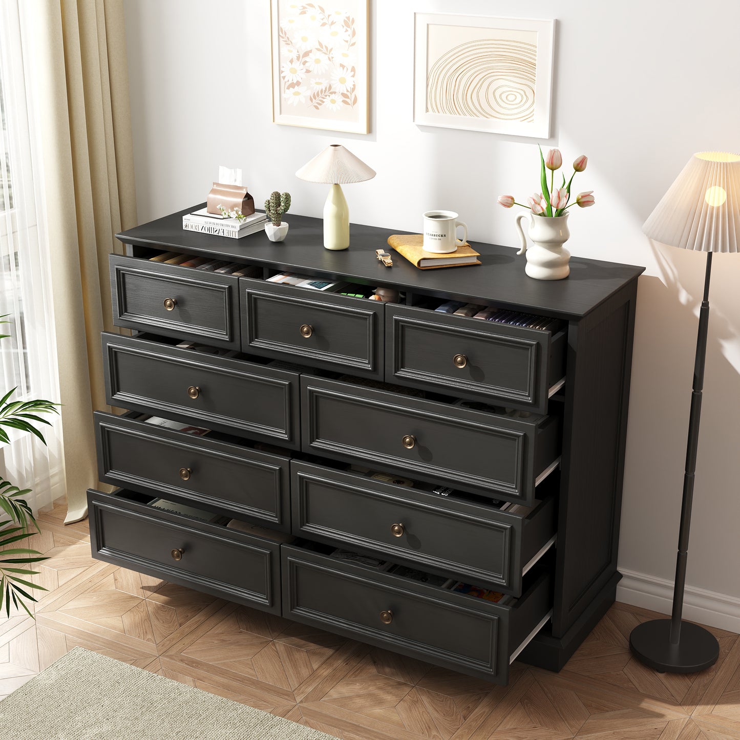 9 Drawer Chest of Drawers, Tall Storage Dresser Organizer, Modern Storage Cabinet Dresser Organizer Unit with Antique Bronze Round Handles for Living Room, Closet, Hallway, Entryway