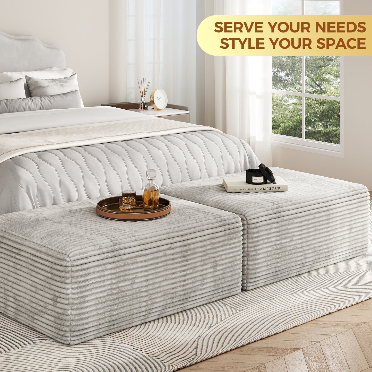 Oversized Sofa Ottoman Footrest, Matching Cushion for L-Shaped Sofa to Create U-Shaped Sectional , Large Seat Stool, High Resilience Foam & Corduroy Fabric, for Living Room Bedroom, (Oyster White)