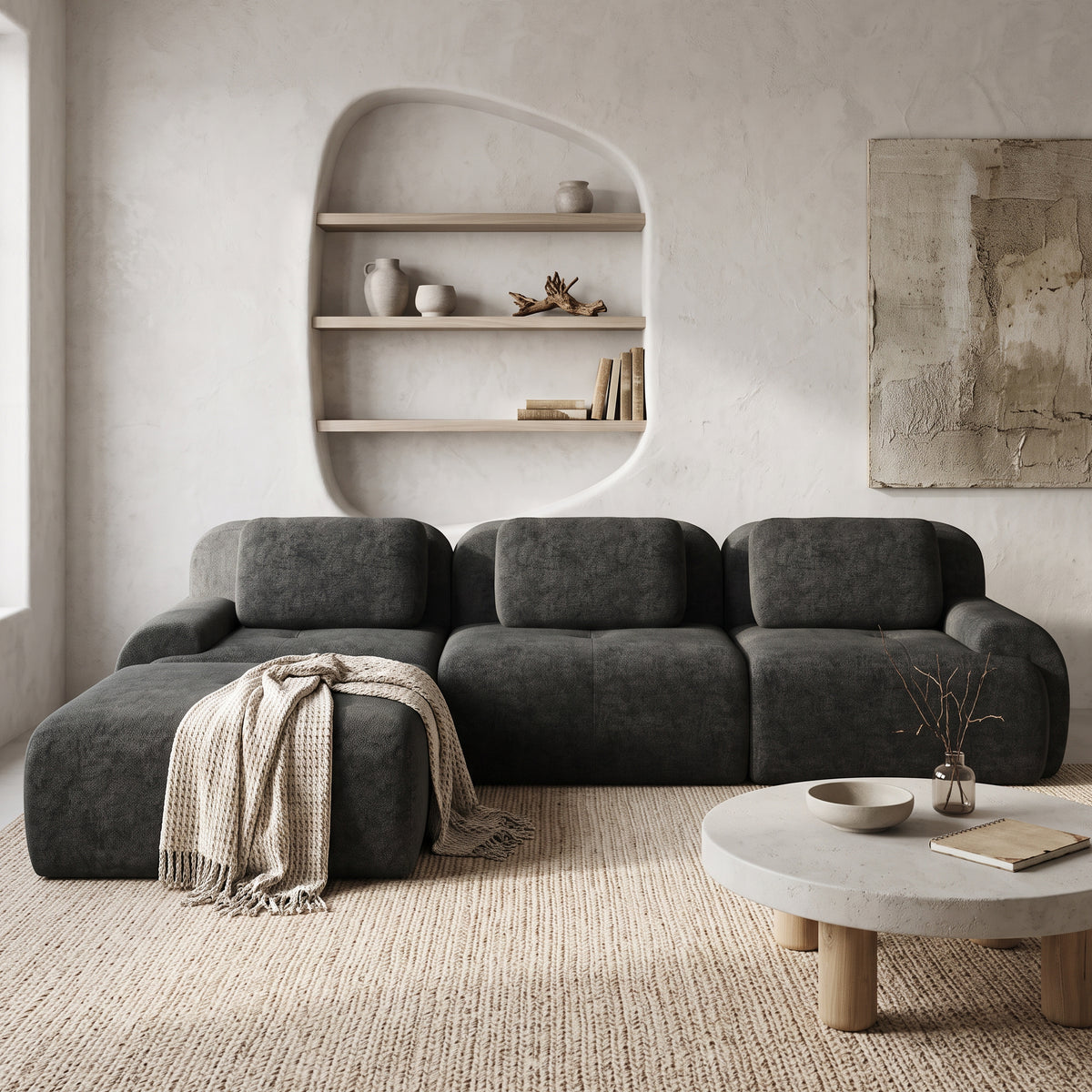 118"Modern L-Shape Modular Sectional Sofa with Chaise, Boneless Cloud Couch for Living Room, Chenille Fabric 3 Oversized Seats Gray
