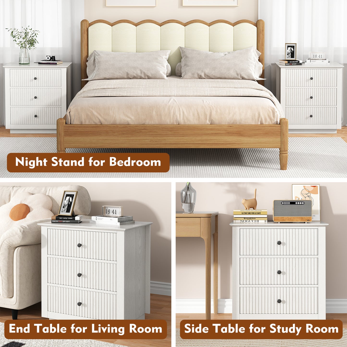Modern Nightstand with Charging Station & 3 Drawers, 24 Inch Wide Bedside Table Set of 2 for Bedroom and Living Room, Large Storage End Table with Fluted Design, Green