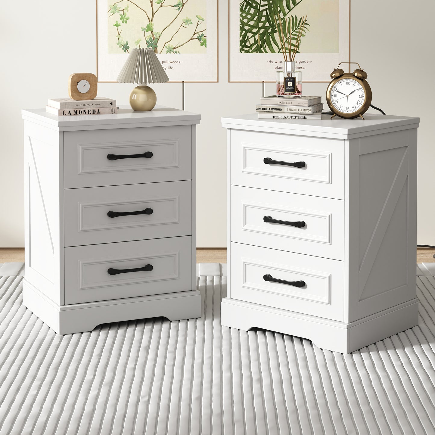 Nightstand, Farmhouse End Table with Charging Station, 3 Drawers Storage for Bedroom