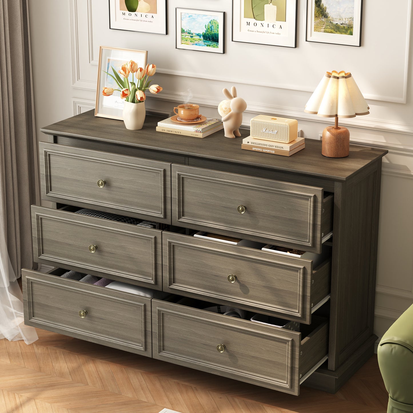 6 Drawer Chest of Drawers, Modern Storage Cabinet Dresser Organizer Unit with Antique Bronze Round Handles for Living Room, Closet, Hallway, Entryway