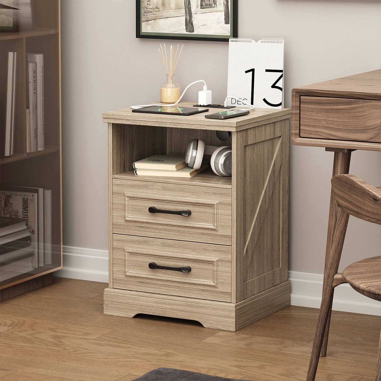 NEGYLIM 2-Piece Nightstand, Farmhouse End Table with Charging Station, 2 Drawers Storage for Bedroom