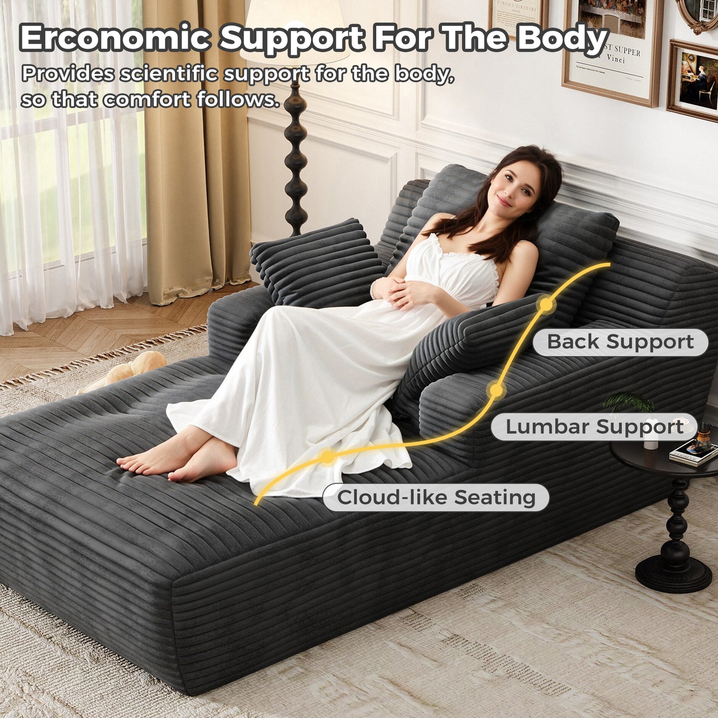 67'' Oversized Chaise Lounge Chair, Cloud Plush Corduroy Sofa Bed for Living Room, Modern Deep Seat Sleeper Couch with Back Cushion, No Assembly Required, (Charcoal)