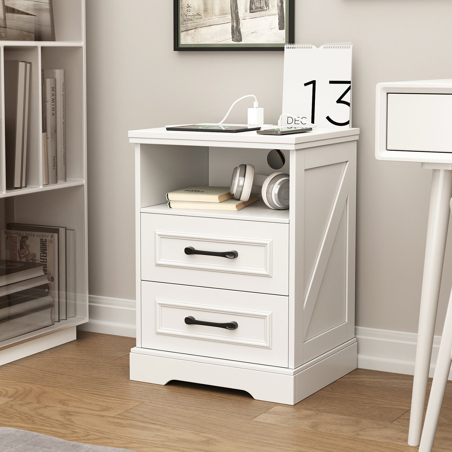 NEGYLIM Nightstand with Drawers for Bedroom, Farmhouse End Table with Charging Station, 2 Drawers Storage for Bedroom, White