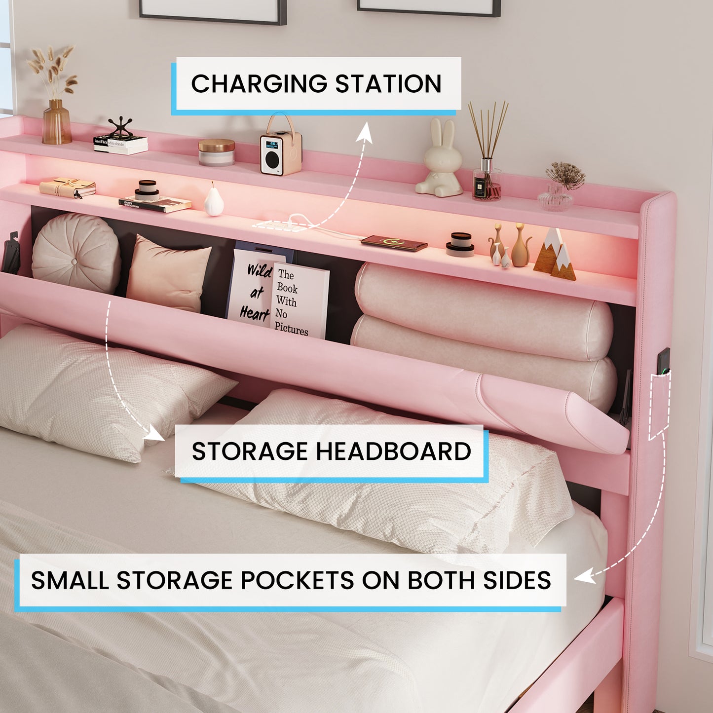 NEGYLIM Floating Bed Frame Queen Size with LED Lights, Easy to Assemble, Metal Platform Bed with Storage Headboard, No Box Spring Needed, Pink