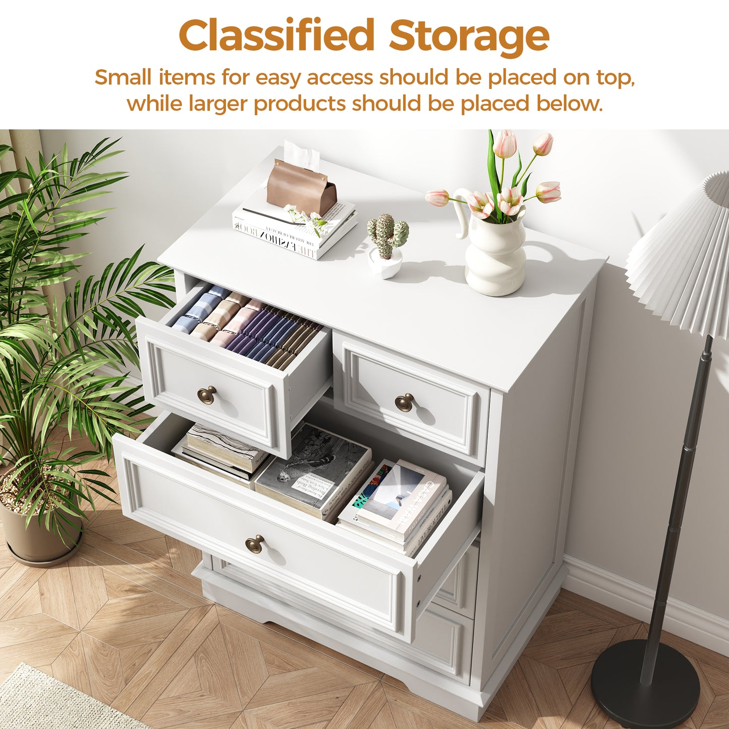 5 Drawer Dresser for Bedroom, Retro Style Chest of Drawers, 26.7"×15.7"×35.8" Wood Storage Dresser with Deep Drawers for Living Room, Hallway, Entryway, White