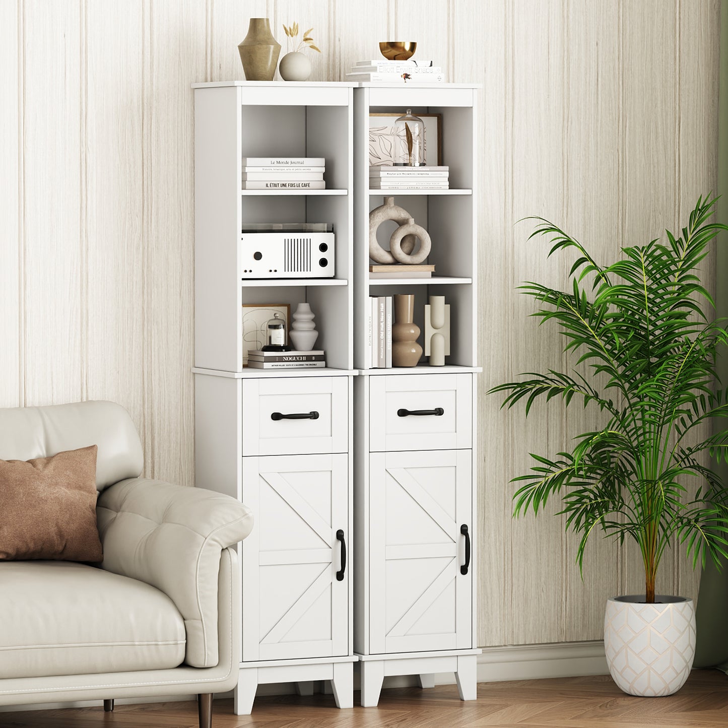 63” Tall Bathroom Storage Cabinet, Freestanding Linen Cabinet, Narrow Bathroom Storage with Barn Door and Drawer, White