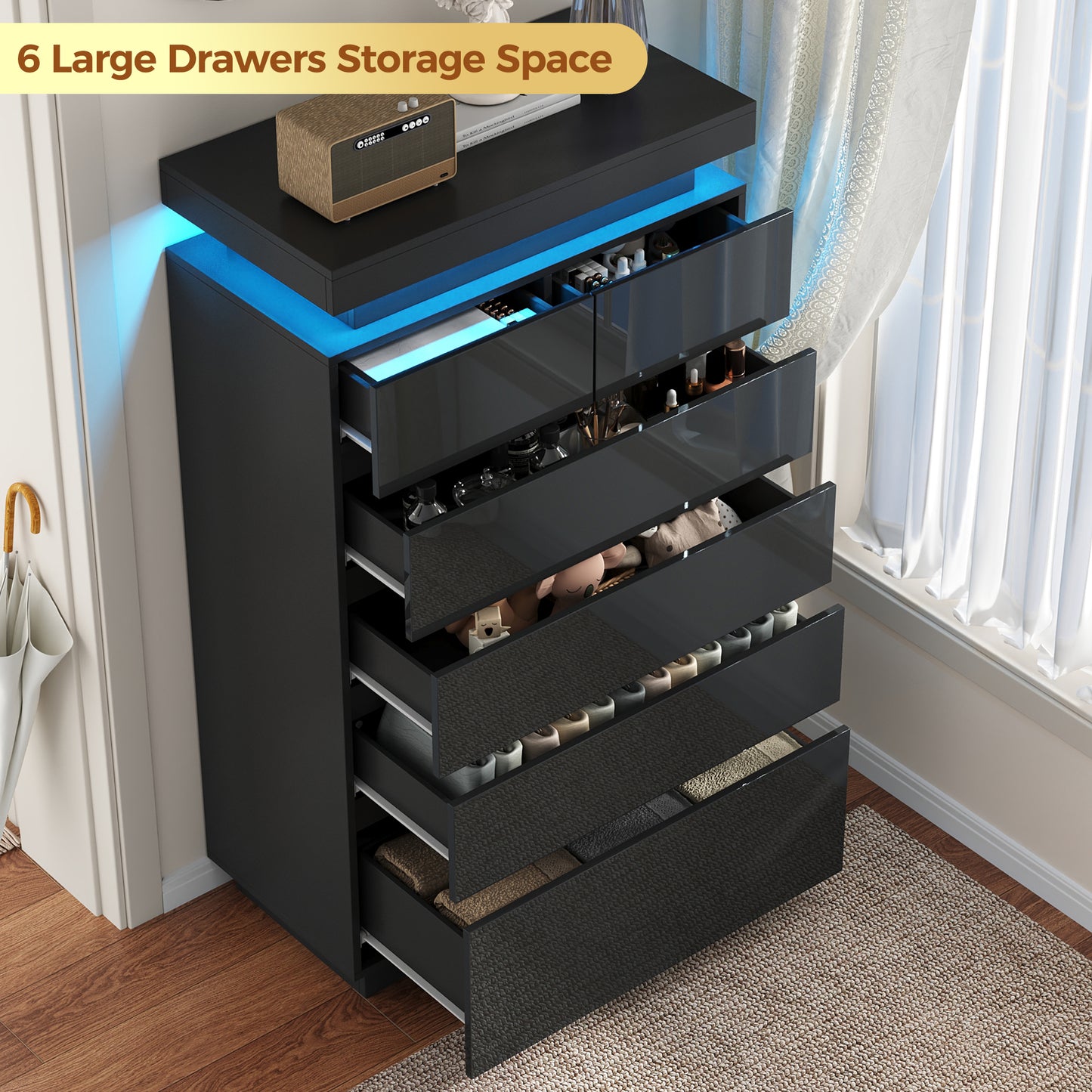 NEGYLIM 6 Drawer Black Dresser, High Gloss Dresser with LED Light for Bedroom, Living Room, Hallway, Easy Assembly