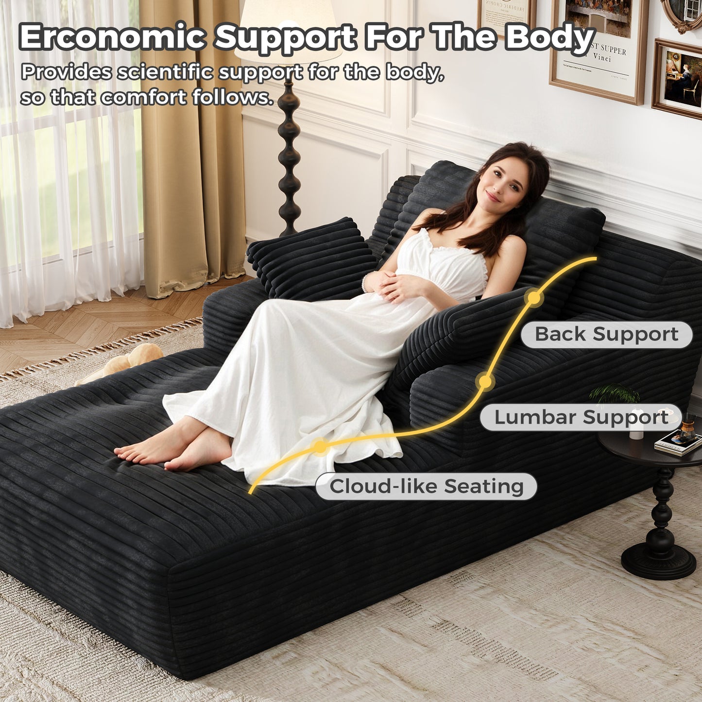 67'' Oversized Chaise Lounge Chair, Cloud Plush Corduroy Sofa Bed for Living Room, Modern Deep Seat Sleeper Couch with Back Cushion, No Assembly Required, (Deep Black)