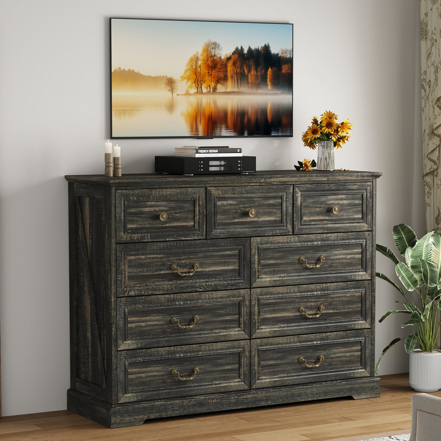 NEGYLIM 9 Drawers Dresser for Bedroom Dressers & Chest of Drawers with Vintage Handles,Long Wooden Dresser for Living Room,Hallway,Study(Dark Rustic Oak)