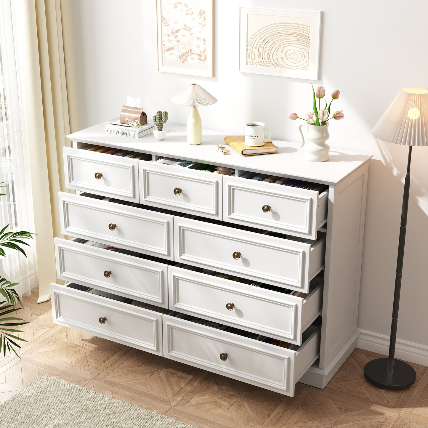 9 Drawer Dresser, Wood Chest of Drawers, Rustic-Style Dresser with Metal Handles, Tall Storage Dresser Organizer, Suitable for Bedroom, Closet, Living Room, Hallway and Entryway