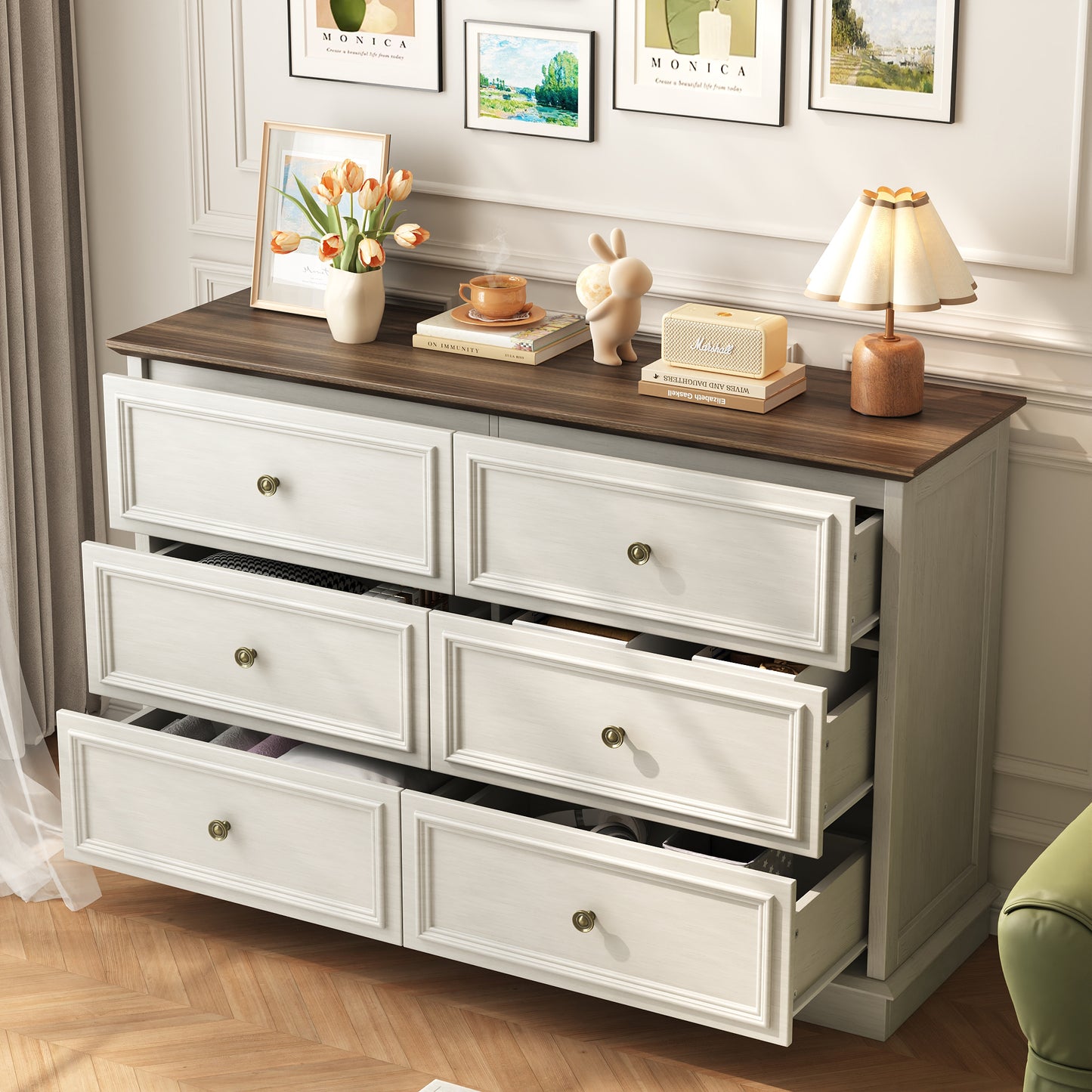 6 Drawer Dresser for Bedroom, 50.4" * 15.7" * 35.8" Retro Style Chest of Drawers, Wood Storage Double Dresser with Deep Drawers for Living Room, Hallway Entryway