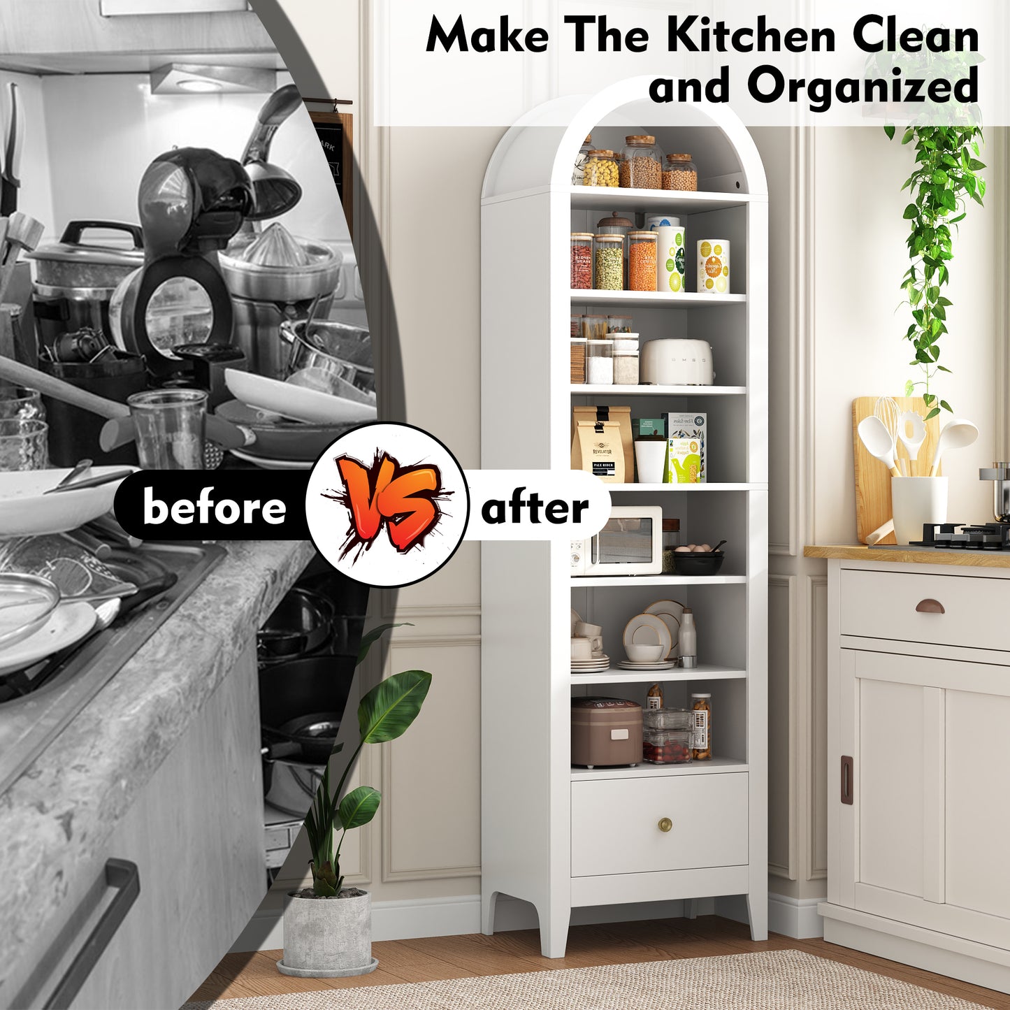 71" Tall Arched Storage Cabinet with Doors & Shelves – Multi-Purpose Pantry Cabinet for Kitchen, Bathroom, Living Room, Bedroom, Entryway & Office (White)