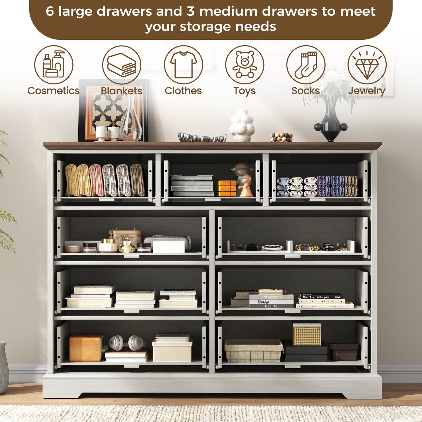 NEGYLIM 9 Drawers Dresser for Bedroom Dressers & Chest of Drawers with Vintage Handles,Long White Dresser for Living Room,Hallway,Study(Rustic White)