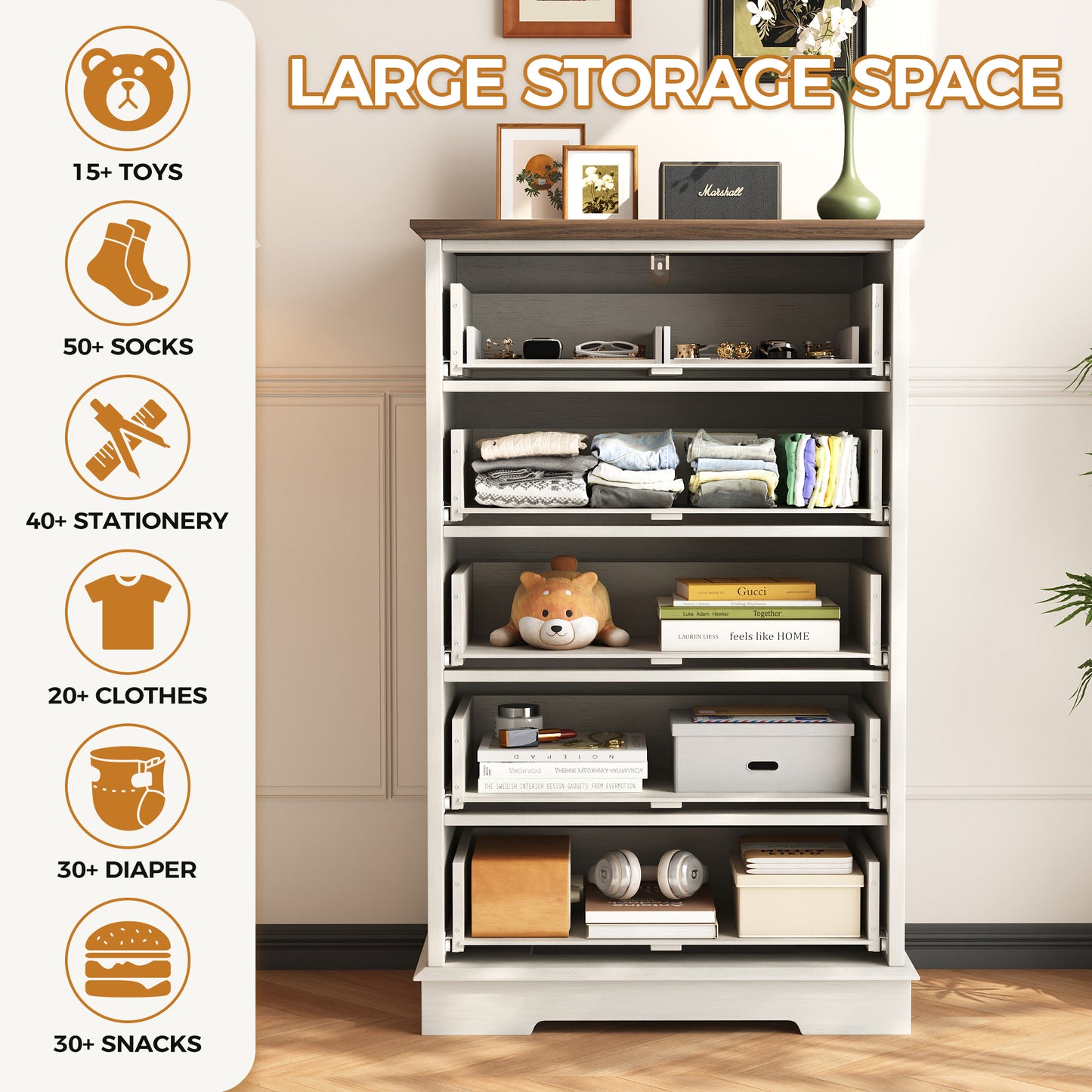 5 Drawer Dresser, Wood Chest of Drawers for Bedroom, Retro Storage Cabinet Dresser Organizer Unit with Antique Bronze Round Handles for Living Room, Closet, Hallway, Entryway
