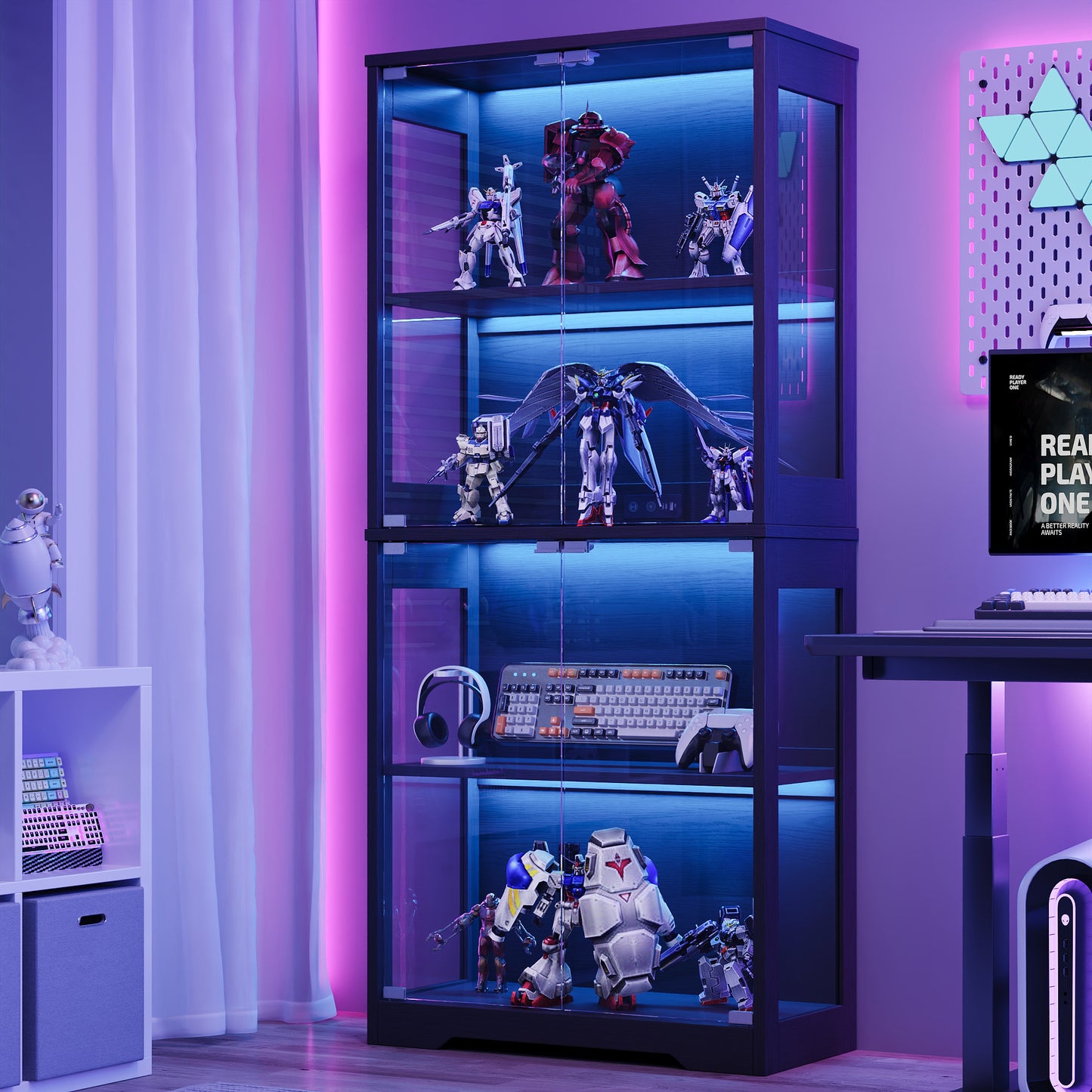 Black LED Display Cabinet with 4-Tier Tempered Glass Magnetic Doors, Tall Dustproof Curio Storage Shelf for Gundam Figures, Collectibles, Game Gear, Modern Display Rack for Gaming Room Bedroom