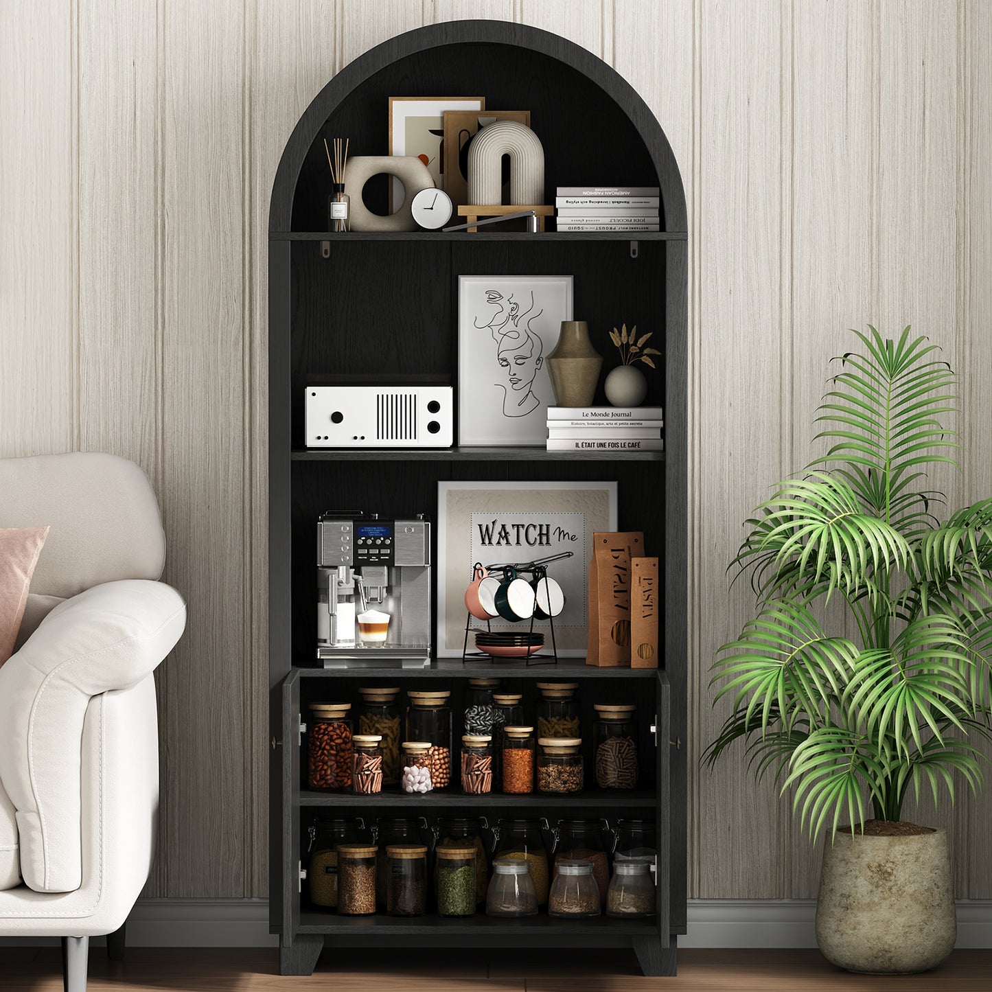 70'' Tall Arched Cabinet, Arched Kitchen Pantry Cabinet with 2 Doors and 5shelves, Open Storage Cabinets Display Bookcase, Versatile Cupboard for Living Room(Black)